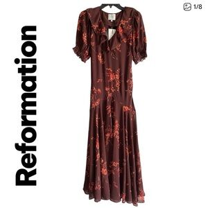NWT Reformation Women's Floral Dress - Red and Brown